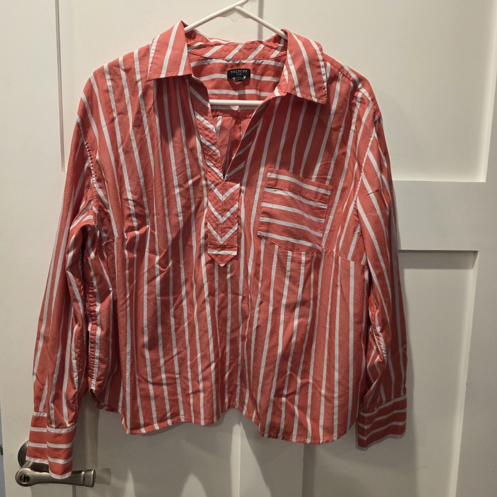 Talbots Women's Savvy Stripe Short Shirt Pullover Pink Red White Top XLP Casual